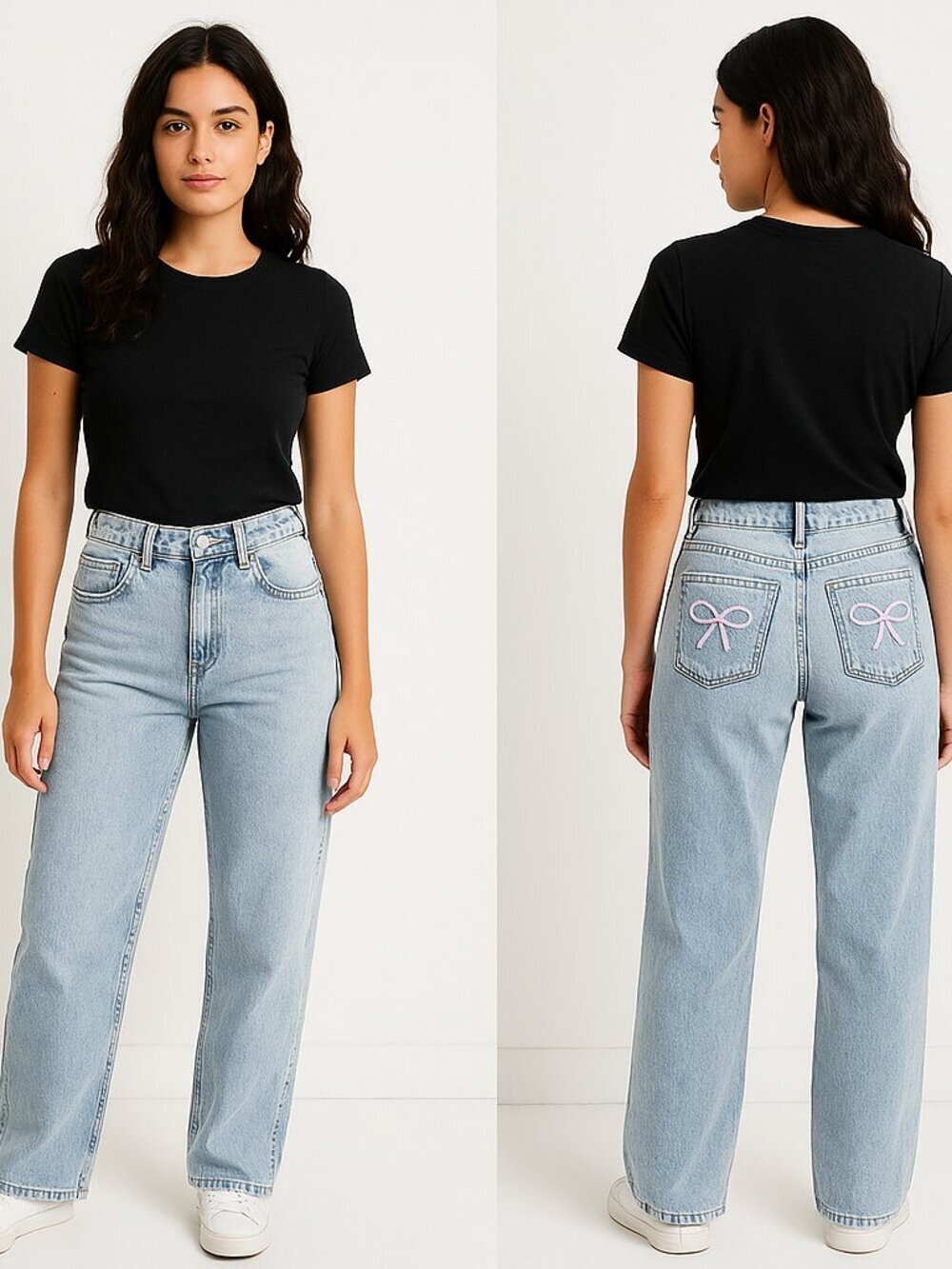 Shein High-Rise Wide-Leg Jeans | Size 28 | Light Wash with Pink Bow Embroidery